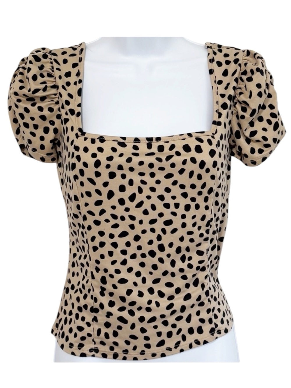 LULU’S Oh Darling Puff Sleeve Top Medium Black Tan Polka Dot Square Neck Blouse